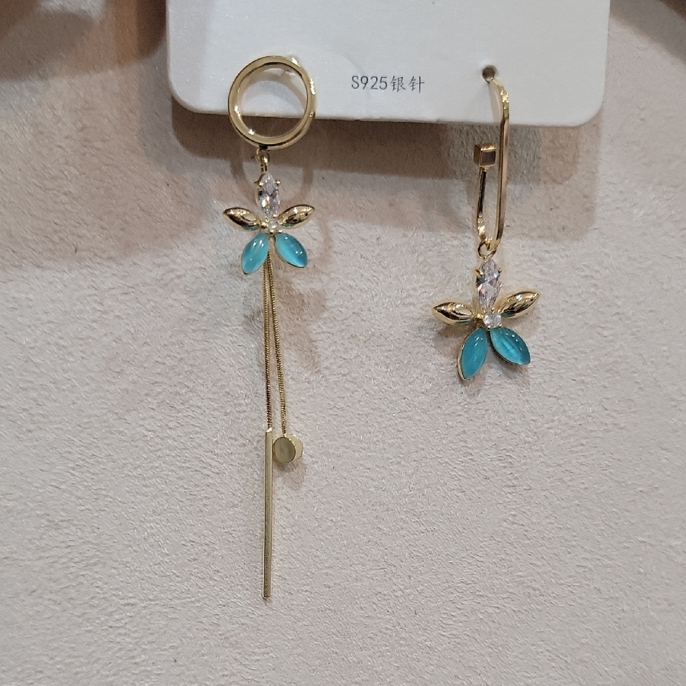 Elegant Assymetrical Gold and Blue Floral Earrings